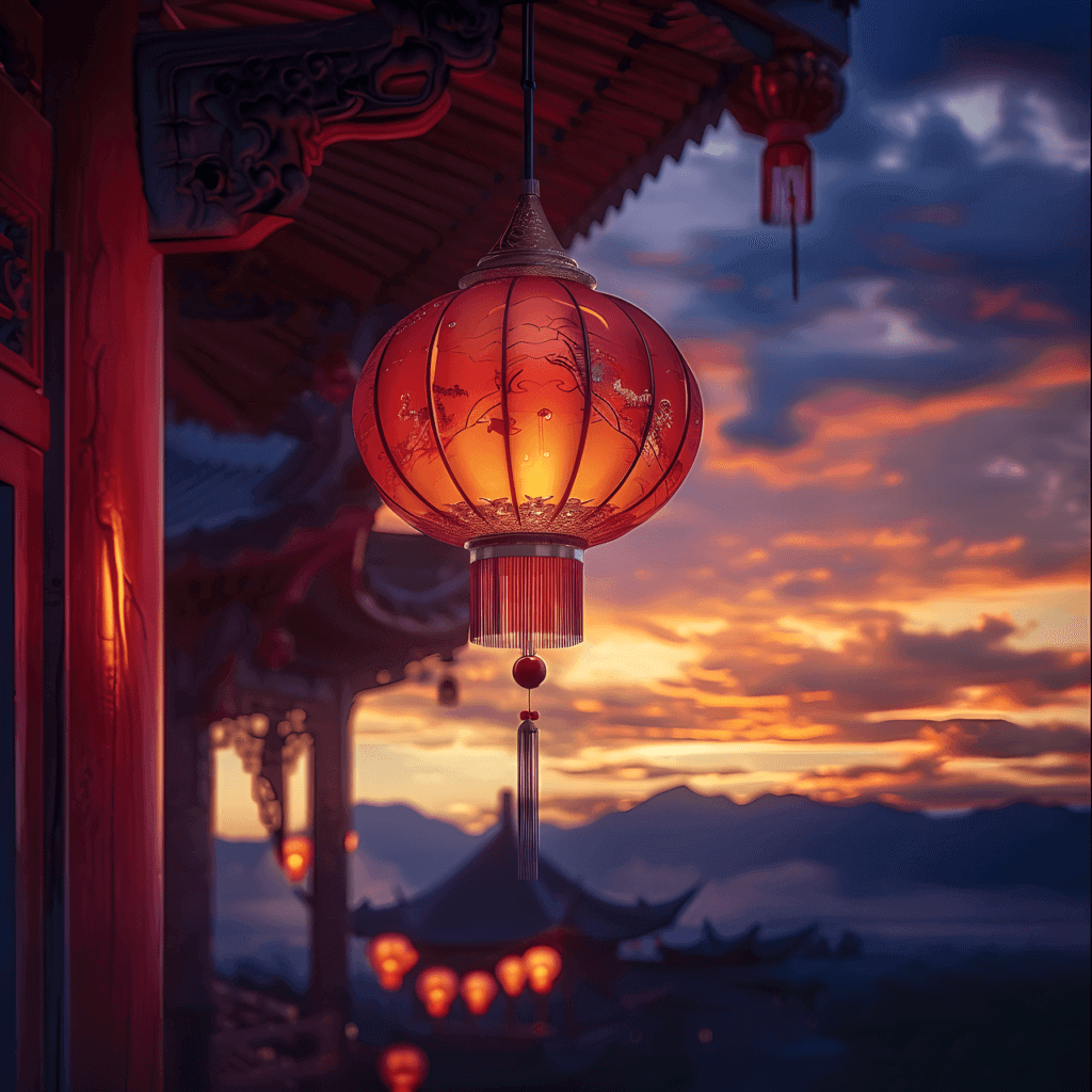Lumières de Chine Une lanterne lampion rouge en papier suspendue dans une rue animée