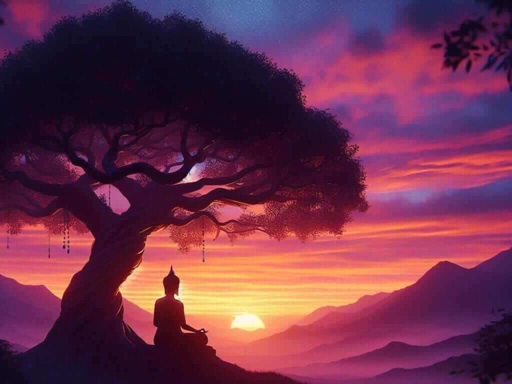 Un Bouddha en méditation profonde assis devant un soleil levant.